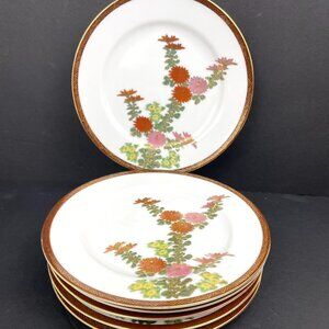 Set 6 Vintage Kutani Japan Dessert Plates Hand Painted Chrysanthemum Gold Rim